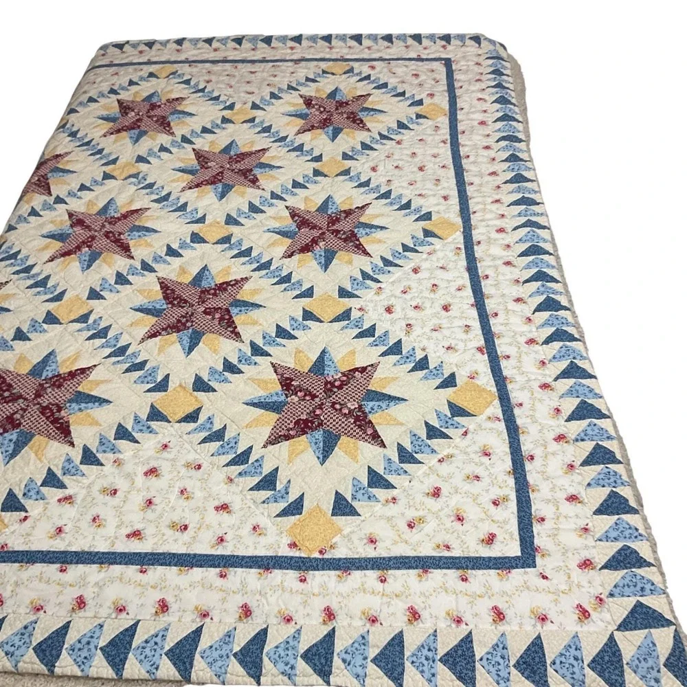 Vtg Hand Quilted‎ Star Quilt 80x82 Americana Farmhouse Cottage Cotton Bedspread